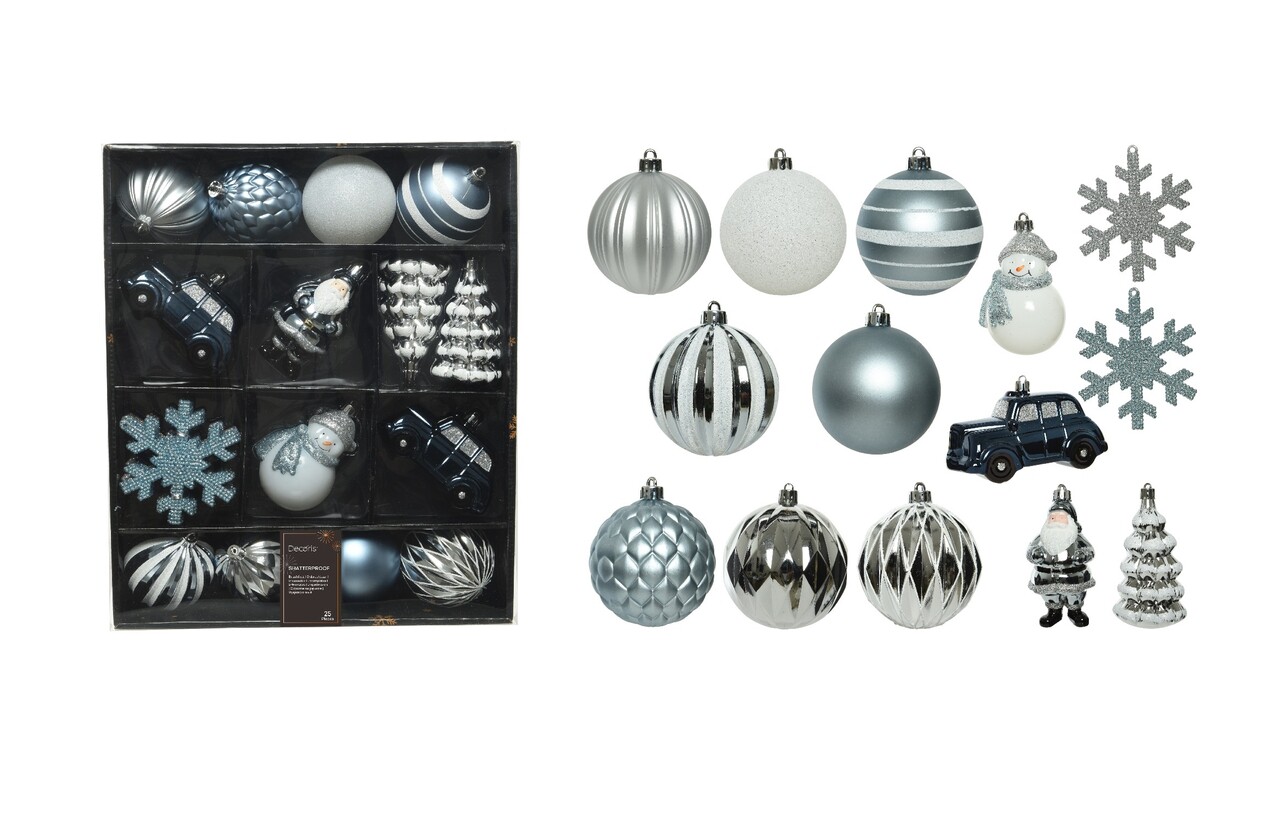 Cutie cu 25 globuri asortate Winter mix, Decoris, plastic, albastru/alb - imagine 6
